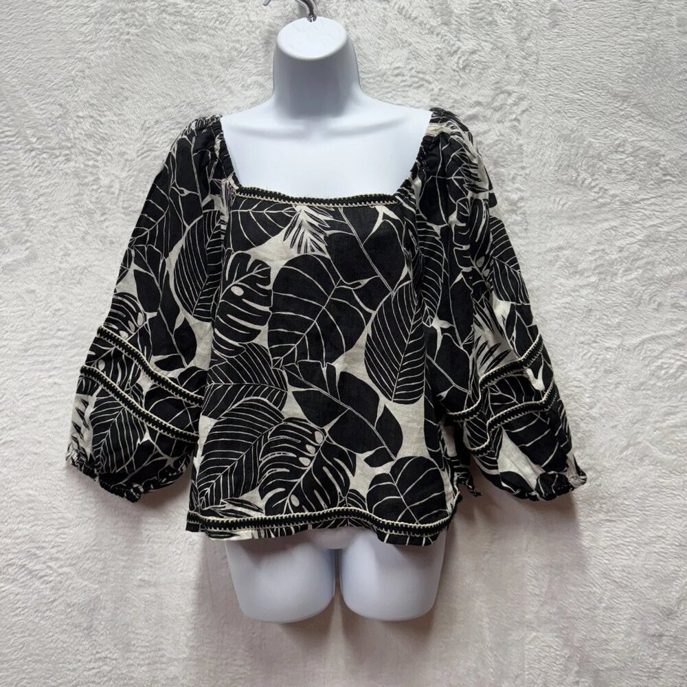 Share Cynthia Rowley Linen Crop Top Womens XL Black White Leaf Floral Square Nec